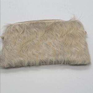 Plush Faux Fur Zip Clutch in Light Beige